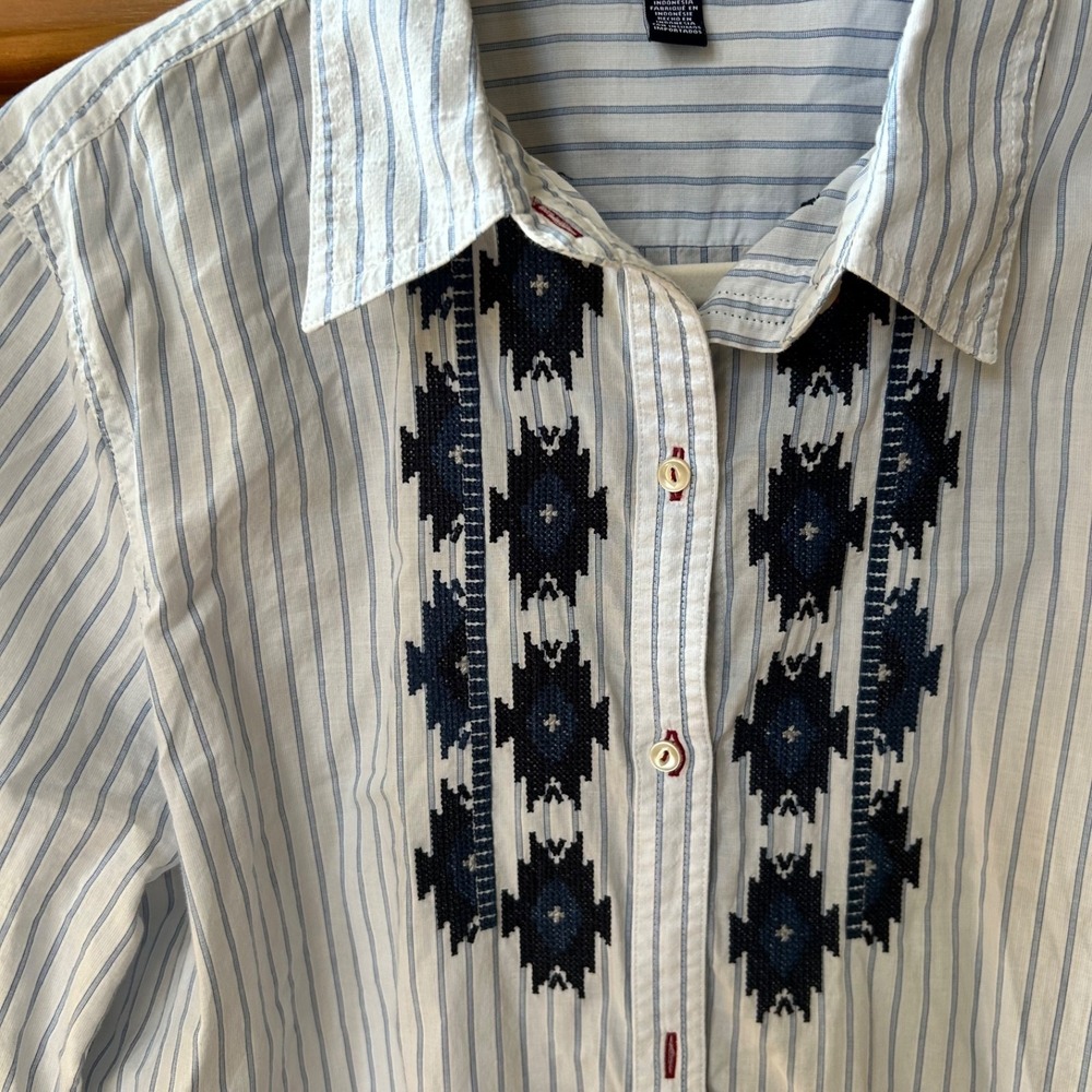 Chaps Top Button Up Aztec Pinstripe Blue White 100% Cotton Women Large - Picture 3 of 7